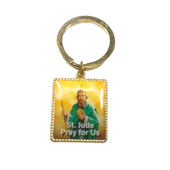 St. Jude Pray For Us Small Keychain Religious Gold Tone Yellow Catholic - Picture 2 of 5